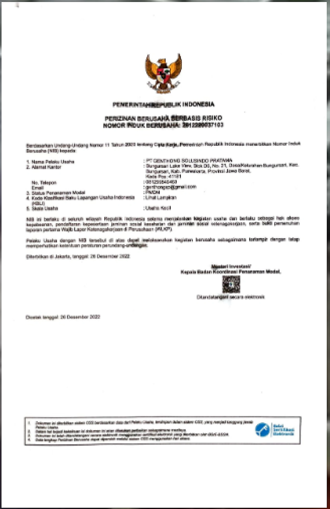 Pemindaian dokumen Nomor Induk Berusaha (NIB)